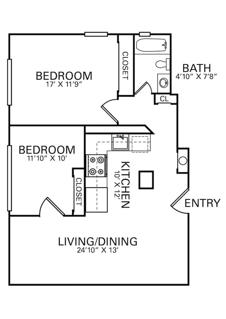 Two-bedroom, one bathroom floor plan at Bella Vista apartments in Elizabeth, NJ