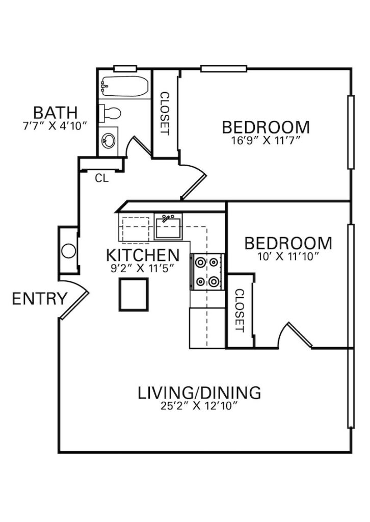Two-bedroom floor plan with one bathroom in Elizabeth, NJ apartments for rent